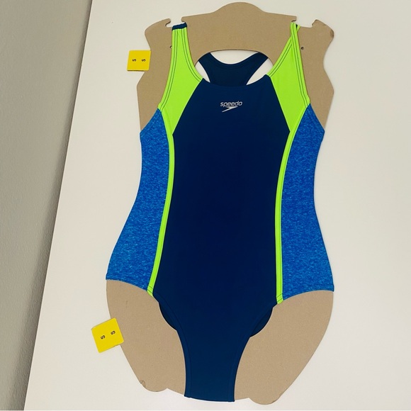 Speedo Swimsuit Girls’ Racerback One Piece UPF 50+ Dark Blue Neon Green, NWT. - Picture 1 of 4